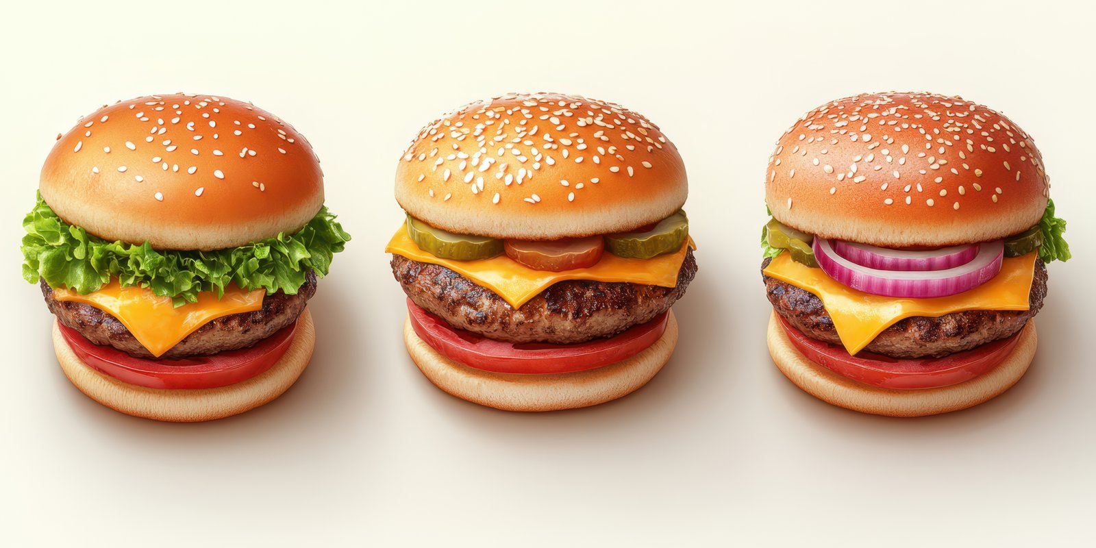 Delicious assorted hamburgers with fresh ingredients displayed on neutral background